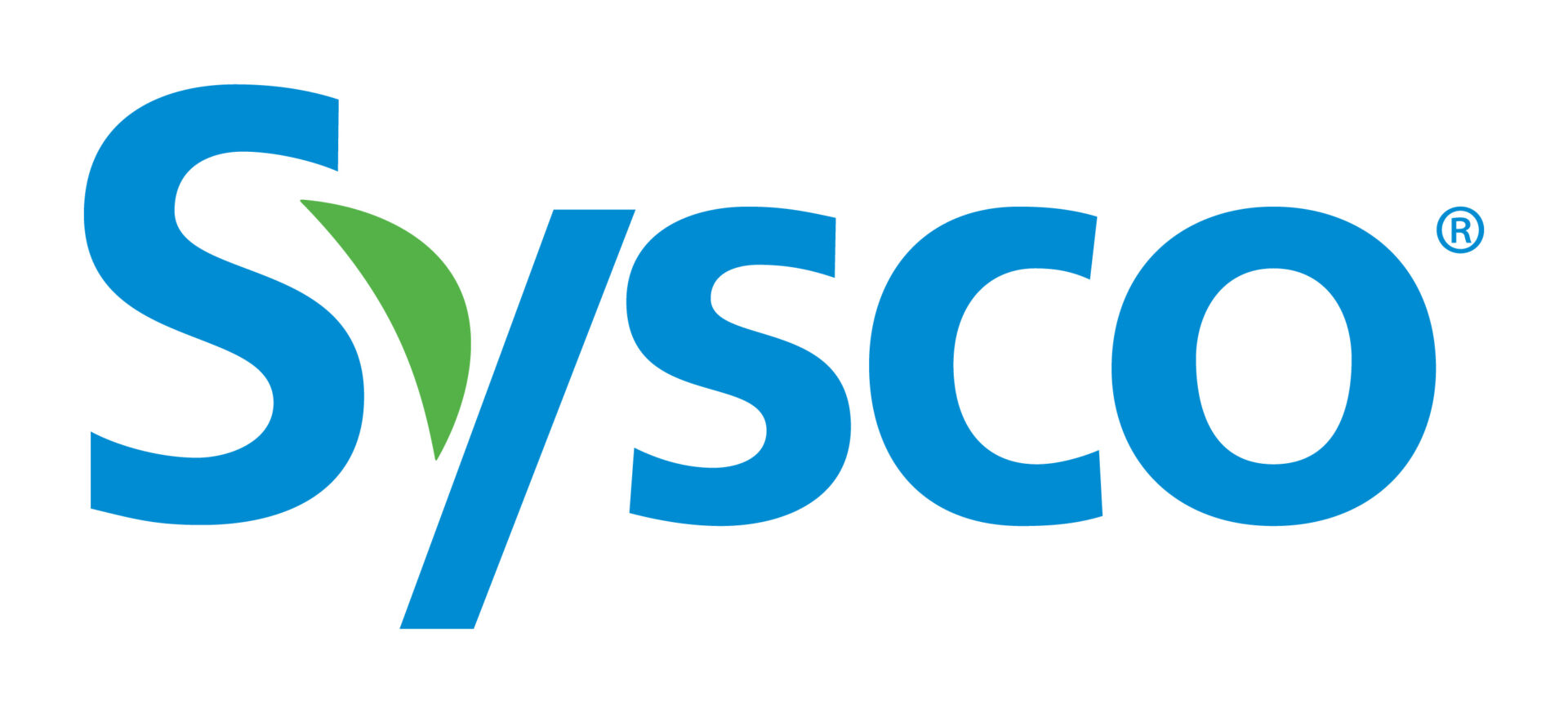 Sysco logo with blue text and green leaf.